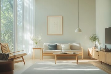1960sinspired minimalist living room with clean lines, light wood furniture, and simple decor, set in a soft pasteltoned space with natural light streaming through