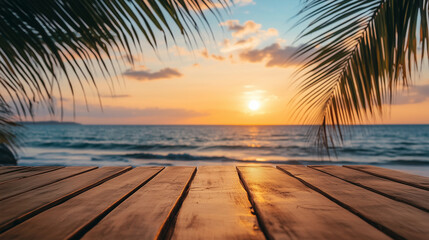 商品展示用木製テーブルモックアップと美しい夕日ビーチと椰子の葉をリアルに描いたAI生成画像