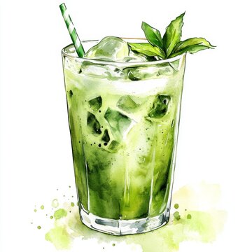 Lush watercolor illustration of an iced green tea latte clipart, isolate on white, with swirls of matcha and milk
