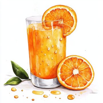 recommend clip art: Vibrant watercolor clipart of a freshly squeezed orange juice, isolated on white, with droplets and orange slice
