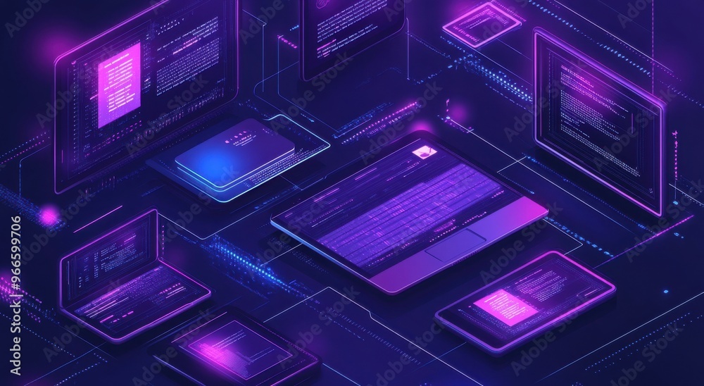 Poster futuristic illustration depicting web development concepts with modern interface design displayed on