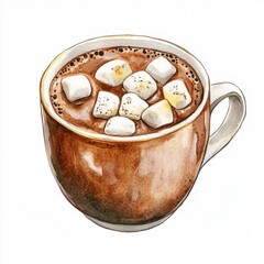 Cozy watercolor illustration of a hot chocolate clipart, isolate on white, with marshmallows floating on top