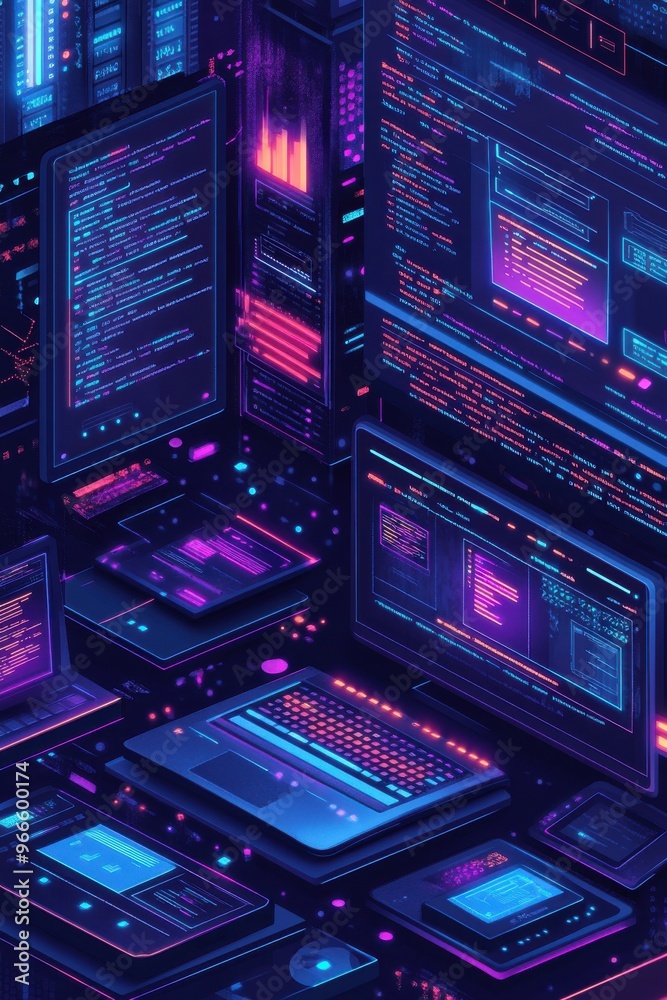 Poster futuristic illustration of web development showcasing coding screens and digital interfaces in a glo