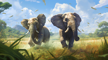 Elephants on the African grasslands