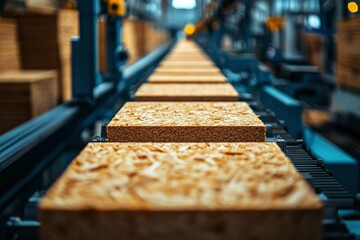 Wood Panels Moving on a Conveyor Belt in a Factory