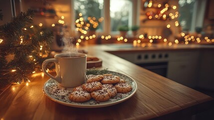 cozy kitchen aglow with warm light freshly baked cookies on vintage platter steaming mug of cocoa twinkling fairy lights and evergreen garland create magical holiday ambiance