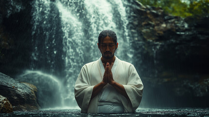 Obraz premium 滝で修業するイメージ