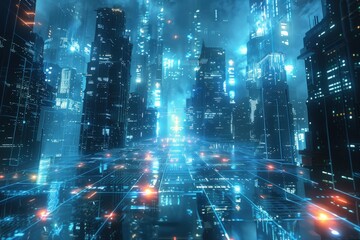 Futuristic cityscape with glowing lights and a grid-like street.