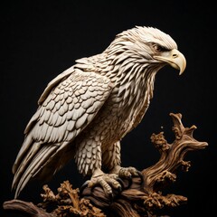 An exquisitely detailed wooden sculpture of an eagle perches on a branch, showcasing the artist's craftsmanship. The intricate feathers and lifelike expression capture the essence of the majestic bird