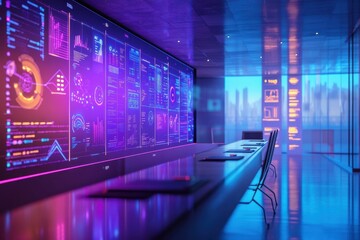 A computer room with neon lights and a large screen displaying various graphs