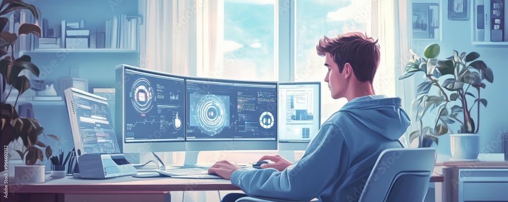 Poster young man focused on computer code in a modern home office with multiple monitors and digital interf