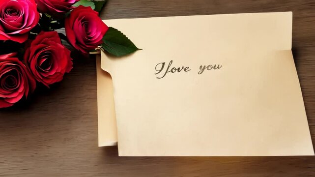 Romantic surprise on a wooden table with roses and a heartfelt note declaring love