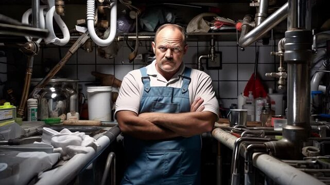 Confident mature plumber in cluttered workshop, arms crossed, surrounded by pipes and tools. Skilled worker ready for repairs, serious expression, messy background adds authenticity