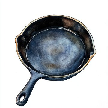 recommend clip art: Rustic watercolor clipart of a cast iron skillet, isolated on white, capturing the essence of country cooking