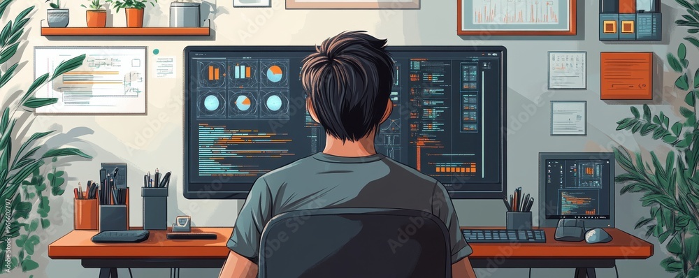 Poster young man working at a modern desk with dual monitors displaying data charts and code in a home offi
