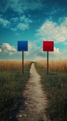 Symbols for truth and lies in red and blue on village path