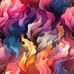 Fantasy floral pattern with glowing petals, iridescent colors, and whimsical swirling vines, inspired by mystical landscapes 