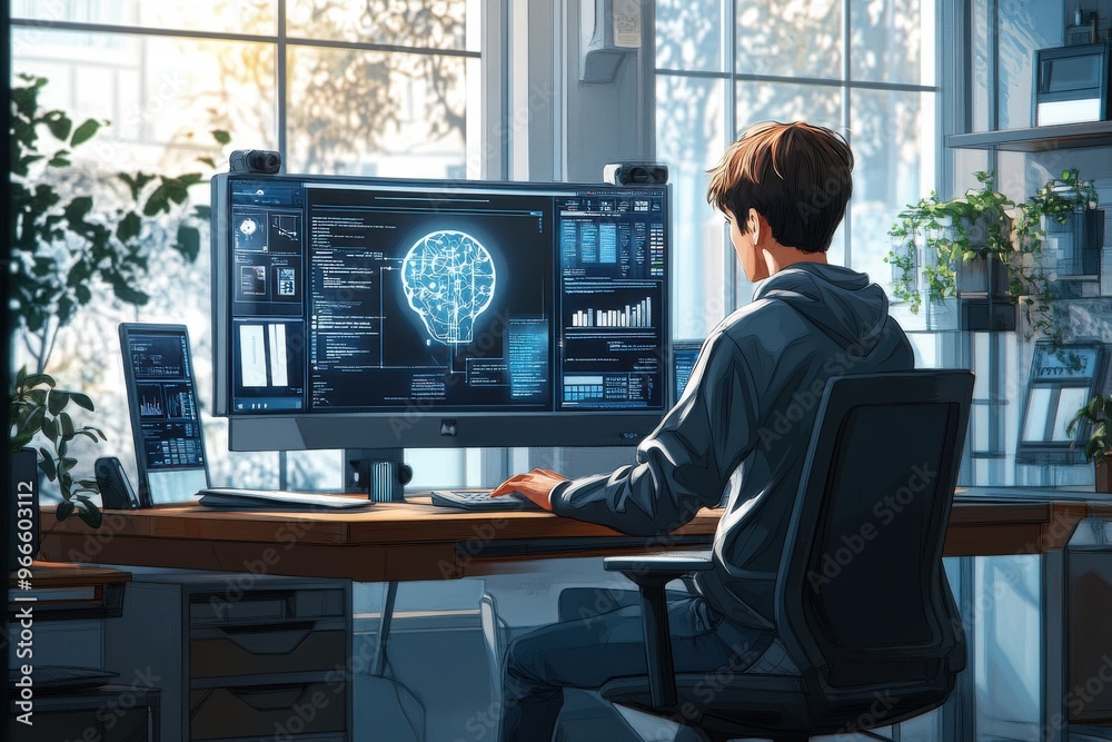 Poster young man working at a desk with computer displaying digital interface and data analytics in a moder