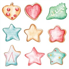 Festive watercolor clipart of a holiday cookie cutter set, isolated on white, in fun shapes