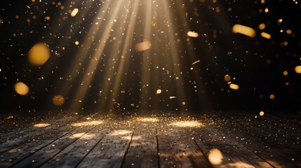 Magical scene with warm light beams and glowing particles floating in a dark rustic space, creating an enchanting atmosphere.