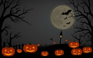 Spooky Halloween pumpkins and a full moon in a dark forest, perfect for scary and festive designs. 

