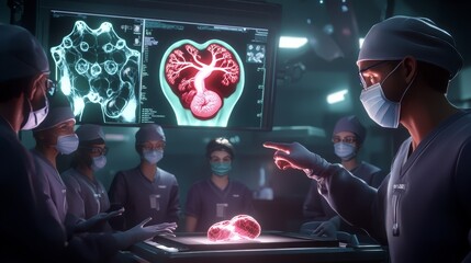 Medical team performing heart surgery in a high-tech operating room with monitors displaying crucial data, illustrating advanced surgical techniques.