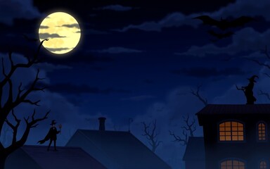 Fototapeta premium A spooky Halloween night scene with a witch and a full moon, perfect for creating a mysterious and magical atmosphere. 