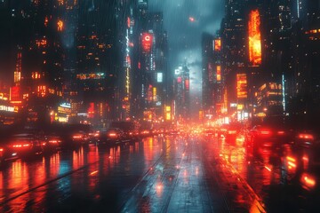 Fototapeta premium cyberpunk cityscape with glowing fiber optic network neonlit skyscrapers data streams visualized as colorful light trails futuristic urban night scene