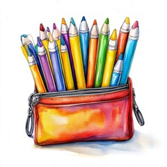 Whimsical watercolor clipart of a pencil case full of markers and crayons, isolated on white, bursting with creativity