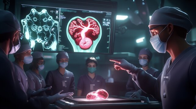 Medical team performing heart surgery in a high-tech operating room with monitors displaying crucial data, illustrating advanced surgical techniques.