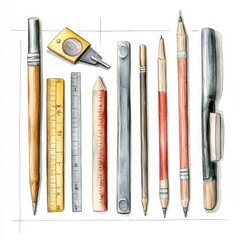 Detailed watercolor clipart of an architects drafting tools, isolated on white, precision and design combined