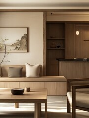 Minimalist living room with natural wood furniture, soft cushions, art on wall, and ambient lighting for a cozy atmosphere.