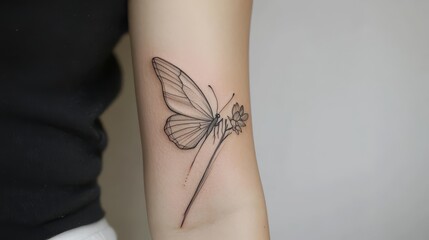 Minimalist butterfly tattoo on arm, showcasing delicate details and elegant design. Perfect for tattoo enthusiasts and art lovers.
