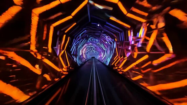 Experience a vibrant light tunnel ride through futuristic neon visuals at an amusement park attraction