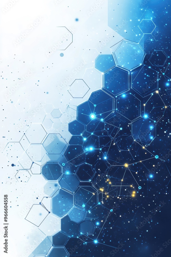 Poster abstract blue geometric background with interconnected hexagonal shapes and digital network patterns