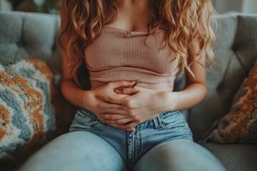 Fototapeta premium A woman with a stomach ache is sitting on a couch