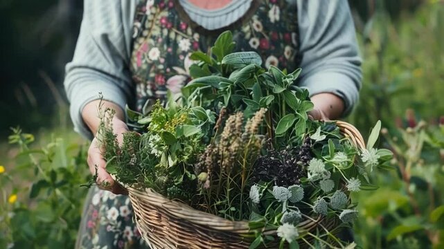 Woman holds a basket of fresh herbs in a vibrant garden scene, showcasing nature's bounty and a healthy lifestyle