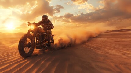 Fototapeta premium Motorcyclist rides through a vast desert at sunset, kicking up dust with the orange sky and clouds creating a dramatic backdrop.
