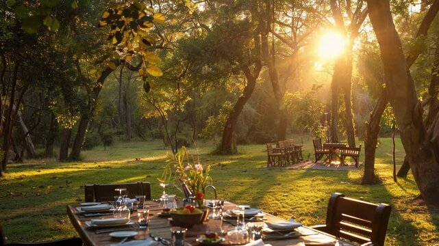 Beautifully set table awaits guests for an elegant dinner party outdoors in the woods as the sun sets, casting long shadows across the grass