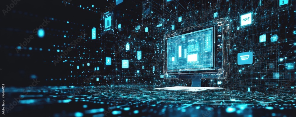 Poster futuristic digital landscape with illuminated computer screen displaying abstract data and symbols