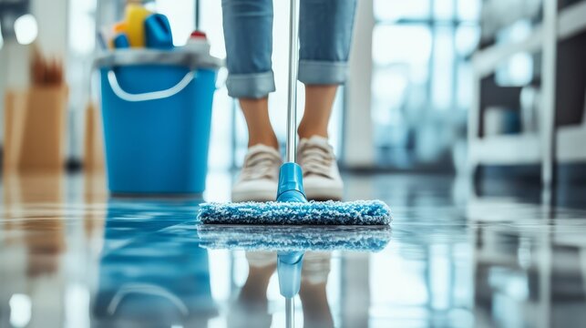Person cleaning floor with mop in modern home interior, ensuring shiny surfaces and cleanliness with attention to detail.