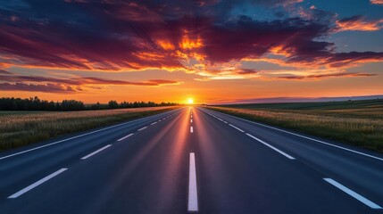 Fototapeta premium Endless highway under a vibrant sunset, flat design, front view