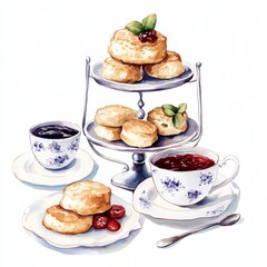 Charming watercolor illustration of an afternoon tea set clipart, isolate on white, with scones and jam