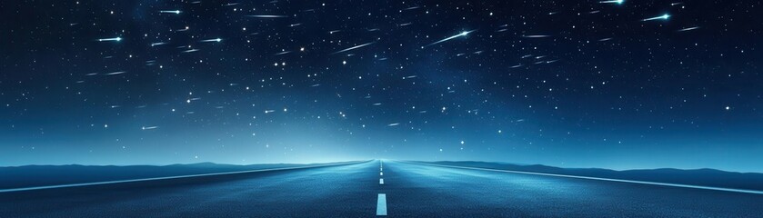 Naklejka premium Endless road under a starry sky, flat design, deep blues, animated shooting stars