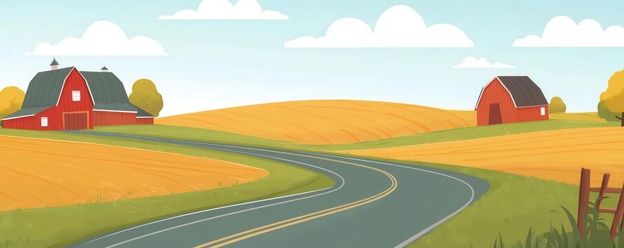 Endless rural road, barns and fields, flat design, rich earth tones, animated scene
