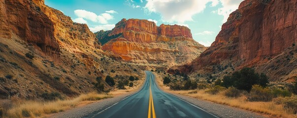Road through a vast, colorful canyon, flat design, front view