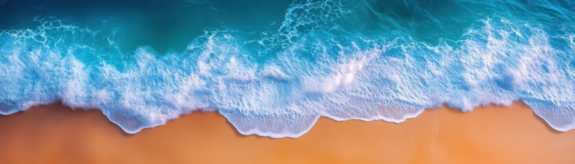 Fototapeta premium waves crashing onto a quiet sandy beach flat design, top view, sunset hues, 3D render, Complementary Color Scheme