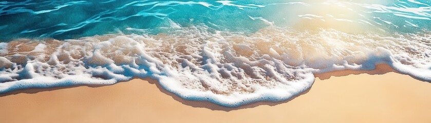 waves lapping on a warm sandy beach flat design, top view, golden afternoon, watercolor, Triadic Color Scheme