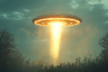 A luminous, cigar-shaped UFO moving steadily across a clear blue sky, leaving a faint trail behind. Concept of space vehicles and daylight sightings.