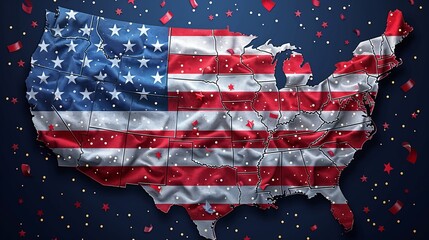 United States Map Shaped as American Flag with Confetti, Celebrating 4th of July Concept.